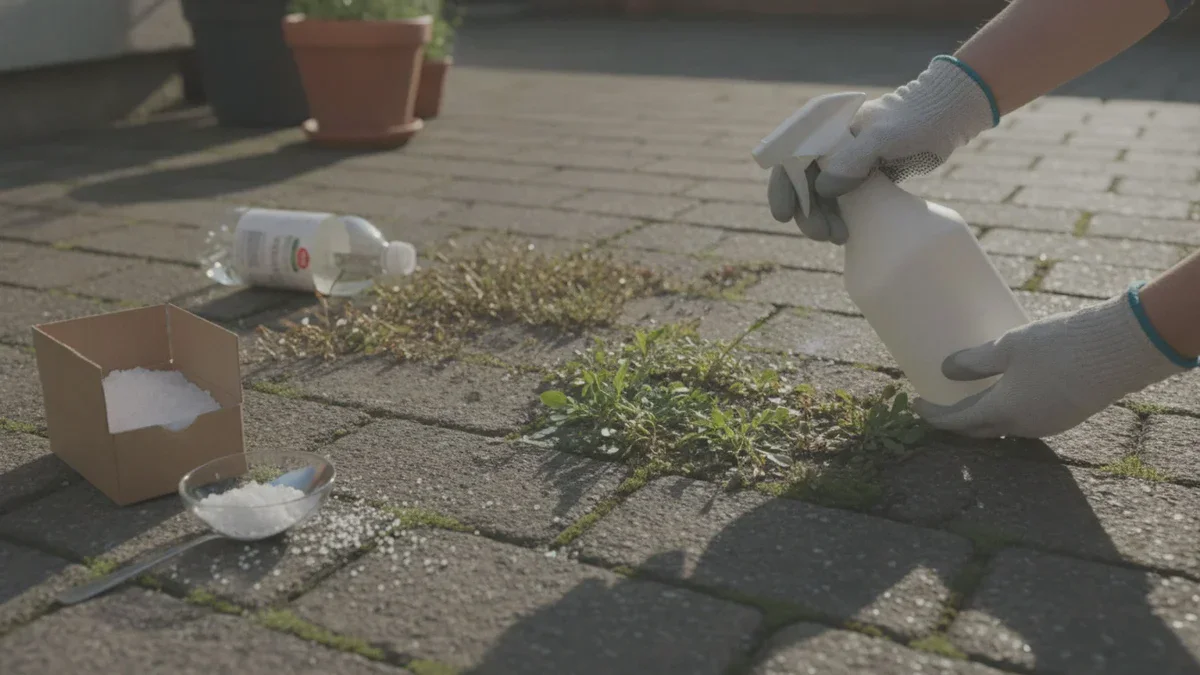 Ein gewöhnliches Küchenprodukt schlägt Essig beim Unkrautentfernen auf der Terrasse